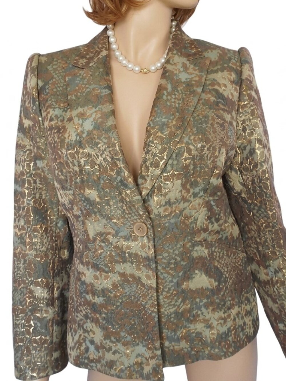 ANTONIO MELANI Greens/Gold Single-Button Blazer Sz 10 Wool Blend Modern Career - Picture 2 of 5
